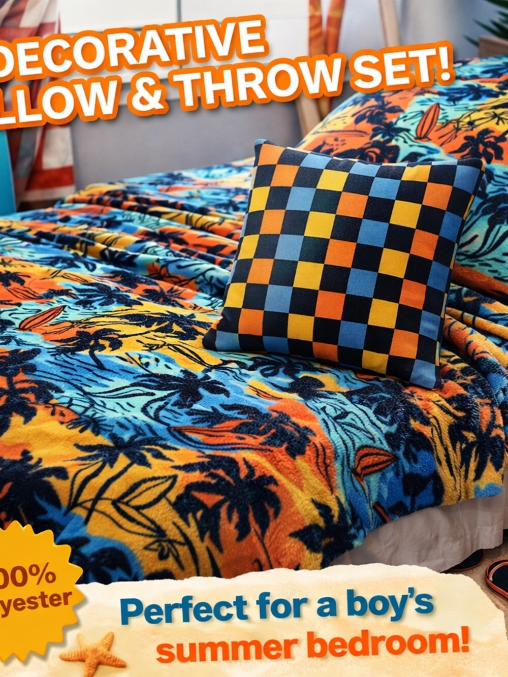 C&C California Blue & Orange Tropical Throw with Checker Accent Pillow